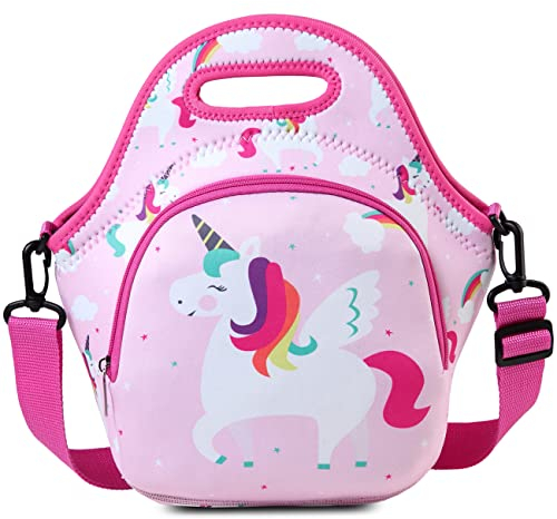 RAVUO Lunch Bag for Girls, Lightweight Neoprene Lunch Box for Kids Cute Unicorn Reusable Lunch Tote with Detachable Shoulder Strap