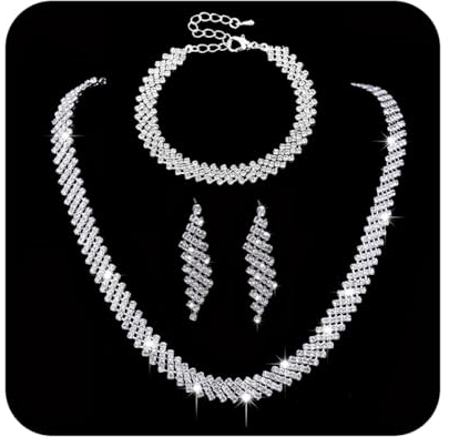 Ushiny Brautschmuck Set Silber Hochzeit Strass Schumuck Glitzer Kette Ohrring und Armband Breit für Damen
