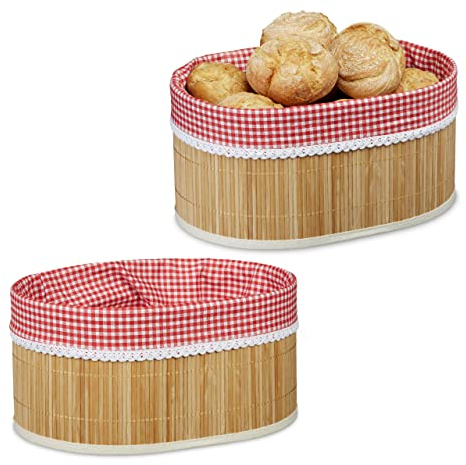 Relaxdays 2 x Brotkörbchen Bambus, Stoffeinsatz, HxBxT: 16,5 x 33,5 x 23,5 cm, Aufbewahrungskörbchen, für Frühstückstisch, Natur
