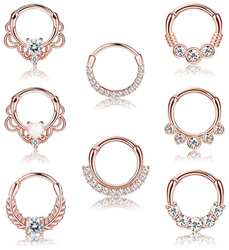 Morfetto 8 STÜCK 16G Septum Clicker Ring Edelstahl CZ Opal Knorpel Helix Tragus Hoop Daith Ohrringe Nase Ringe Reifen Hinged Segment Clicker Ring Piercing Schmuck Roségold 10MM