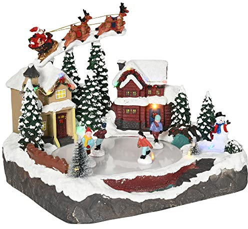 HOMCOM Weihnachtsdorf Tischdeko Weihnachtsdeko mit LED Winterlandschaft Weihnachtsstadt mit Weihnachtsmann Hirsch und beweglichen Kinder Schlittschuhbahn Motiv 30 x 24,5 x 23 cm