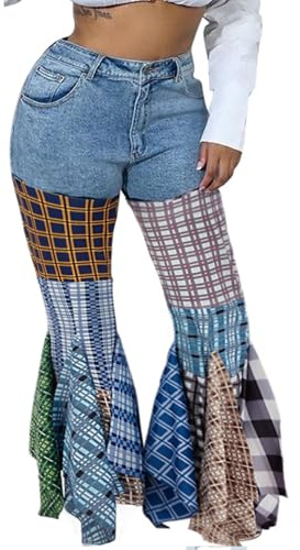 ThusFar Women High Waist Patchwork Flare Jeans Plaid Bell Bottom Ruffle Hem Denim Long Pants Trousers