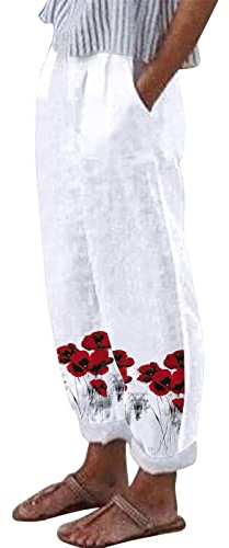 Damen High Waist Leinenhose Sommer Baggy 7/8 Lose Leinen Baumwolle Hose für Frauen Sommerhose Damen Leicht Luftige Stoffhose Freizeithose Pumphose Yogahose Jogginghose Sporthose Rot3