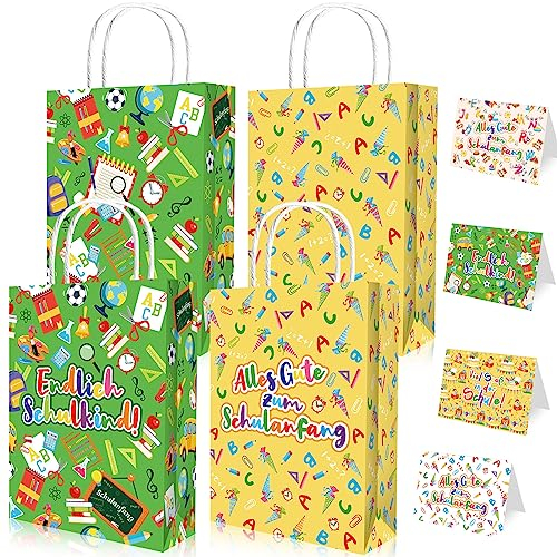 DPKOW Schulanfang Geschenktüte Einschulung Geschenktasche mit Einschulung Klappkarten für Geschenkverpackung Geschenk Schuleinführung Schulbeginn für Schulanfang Jungen Mädchen,16 Stücke