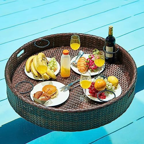 WENCY Schwimmendes Tablett für den Pool Runden, Geflochtenes Tablett aus Rattan mit Getränkehalter, Schwimmender Billardtisch, Schwimmender Getränkehalter Für Den Pool, Schwimmende Bar