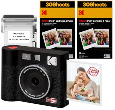 KODAK Mini Shot 3 ERA 4PASS 2-in-1 Sofortbildkamera und Fotodrucker (7,6x7,6cm) Sofortbildkamera + 8 Blatt im Lieferumfang enthalten + 60-Blatt-Patrone, Schwarz
