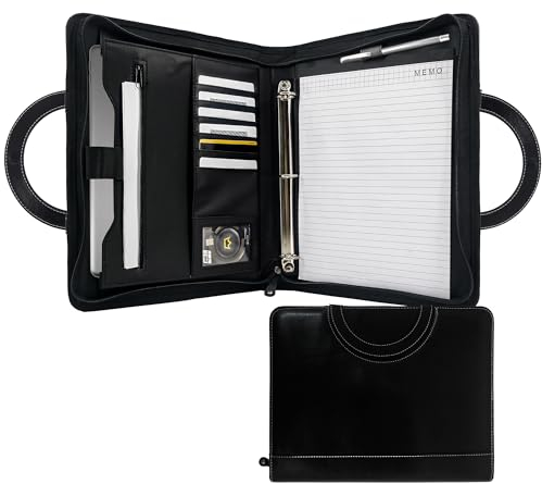 GraduatePro A4 Schreibmappe Leder Dokumentenmappe mit Abnehmbar 3-Ringbuch, Business Tablet Mappe Ordner Klemmbrettmappe mit Griffe Reißverschluss Portfolio Schwarzer