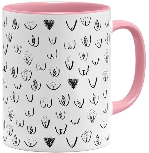 OM3® witzige Doodle Kaffeetasse mit Vaginas Vulva - Muschi Tasse Mumu-Muster - Keramik Becher - 11oz 325ml - Rundumdruck - Rosa