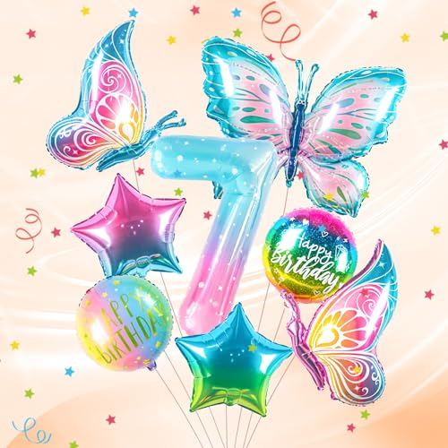 ballon 7 Jahre Schmetterling Geburtstag Deko zahlen luftballon 7 jahre | Bunt Schmetterlinge Geburtstagsdeko Folienballon - für 7. Geburtstag Mädchen Deko - fliegt mit Helium