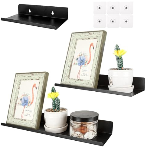 Oungy 3 Stück Wandregal Schwarz Metall 40/30/20cm Bilderleiste Schwarz Wandregal Ohne Bohren Schweberegal Schwarzen Wall Shelf Regal Wand für Büro Küche Wohnzimmer