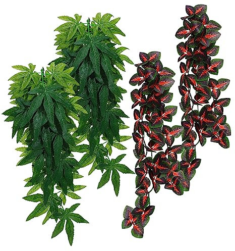 VANZACK Plantes Grimpantes Artificielles Suspendues Lot de 4 Décorations pour Terrarium et Aquarium Feuilles en Vigne Réalistes avec Ventouses Décor Naturel pour Reptiles et Amphibiens