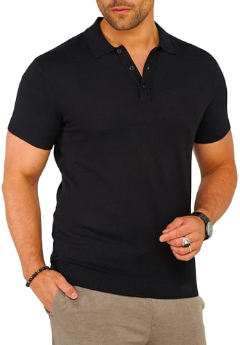 Soulstar Herren Basic Strick Poloshirt Kurzarm T-Shirt Polo-Hemd Knit Oberteil mit Knopfleiste Strick-Polo Golf-Polo Tennis-Polo S2_KP-100-Black-S