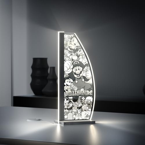 Luverre Tischlampe | LED-Leuchte | Glas-Leuchte mit Gravur für Nachttisch, Kommode, Wohnzimmer | Pop Art, Banksy, Kunst (Mario Squad, Segel | anthrazit)