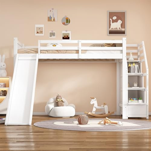 Lit mezzanine 90 x 200 cm avec toboggan, échelle de rangement, certifié EN747, lit d'adolescent, forte capacité de charge, excellente stabilité, blanc, matelas non inclus dans la livraison