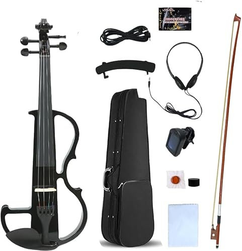 Yinfente - Violín eléctrico 4/4 de tamaño completo, silencioso, 4 cuerdas, accesorios de ébano, para estudiantes, principiantes, con funda, lazo, reposabrazos para hombro, cable de colofonia,