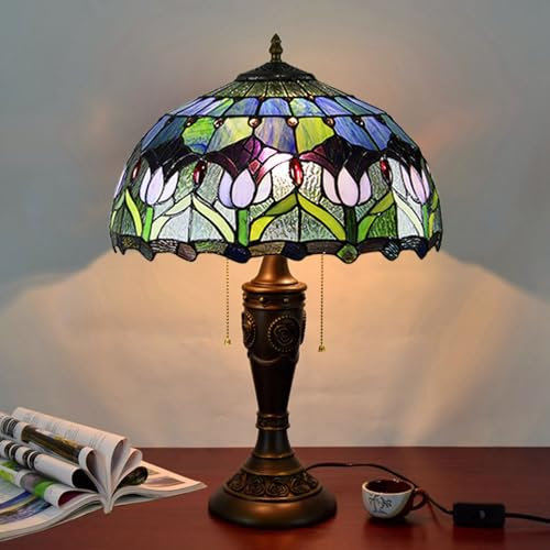 BOTOWI Home Tischlampe im Tiffany-Stil – Rot Blau Rosa Tulpe Design – Buntglasbeleuchtung mit 2 Lichtern – Handgefertigte Raumdekorationsleuchten im Vintage-Look 16X16X23 Zoll,Blau