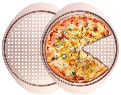 Barlket Pizza Pan Set, Nonstick Perforated 13 Inch Pizza Pan with Holes and Handle, Heavy Duty Round Pizza Tray Oven Safe, Even Heat for Crispy Homemade Pizza, Easy to Clean, Set of 2, Gold