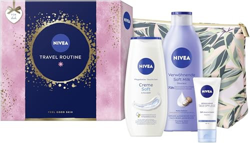 NIVEA Travel Routine Geschenkset, verwöhnendes Pflegeset mit NIVEA Pflege-Favoriten, Geschenkbox mit Pflegedusche, Body Lotion, Gesichtscreme und Kulturbeutel