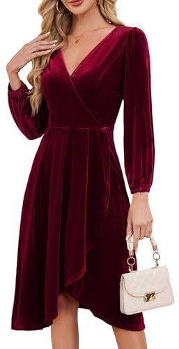 Meetjen Womens Cocktail Party Winter Long Sleeve Velvet Wrap Dress V Neck A-Line Midi Swing Formal Dresses Burgundy S