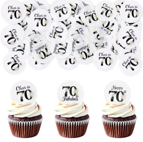 Blumomon 40 Stück Essbare Happy Birthday Cupcake Toppers - Cheers to 70th Fabelhafte Kuchendekoration - Geburtstag Party Dekoration Essbare Tortendekoration