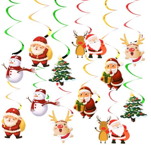 12uds Adornos Colgantes de Espirales de Papel de Aluminio para Navidad, Adornos en Espiral para Árbol de Navidad de Muñeco de Nieve Reno y Papá Noel para Fiestas Navideñas en Interiores Exteriores