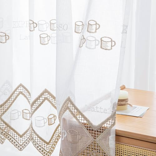 Daliena Scheibengardine Küche Kaffeemotive Bestickte Bistrogardine Gardine mit Lochleiste Küchen Vorhang, Kleine Fenstergardinen Durchsichtig für Wohnzimmer Cafés Stores Beige (BxH 210x80cm) 1 stück