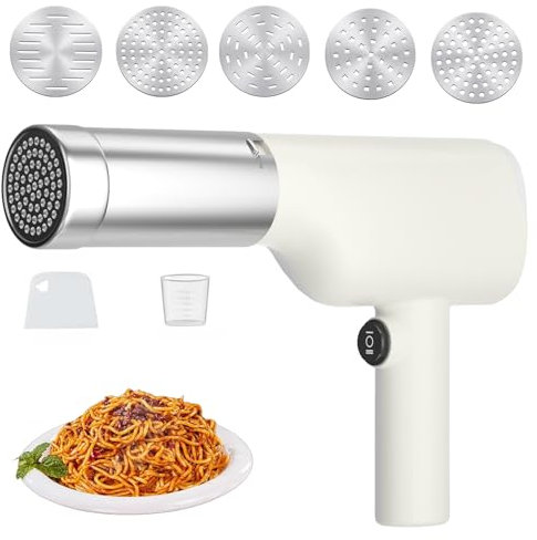 Electric Pasta Maker Stainless Steel Cordless Handheld Automatic Noodle Maker Machine 40W Portable Automatic Pasta Maker with 5 Pasta Discs for Homemade Spaghetti Machine Kitchen