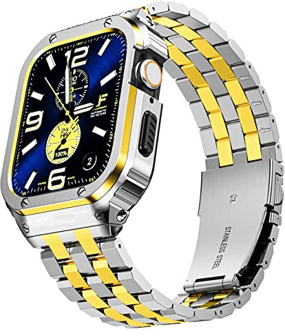 SUPLINK Stainless Steel Case and Band Compatible with Apple Watch Series 10 Strap 46mm for Men, Metal Bands Rugged Protector Bumper for iWatch Strap Series 10 (Siler/Gold)