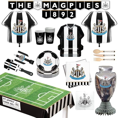 Official Newcastle United FC Party Supplies Box, 77-Piece All-in-One Set for 6 Guests, Disposable Tableware with Plates, Cups, Cutlery, Jersey Foil Balloons, Decorations