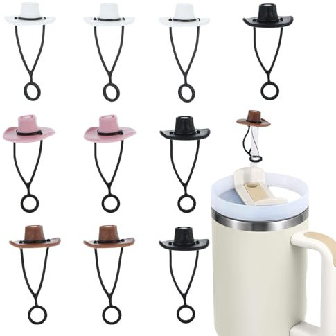 Ptwola 10 Pcs Soft Silicone Cowboy Hat Straw Covers Cap Cute Funny Dust Proof Straw Cup Toppers Reusable Drinking Tips Lids Accessories for 30 40 oz Man Woman Tumblers Water Bottles