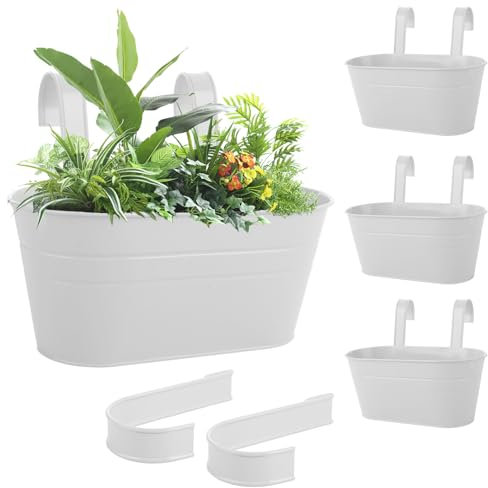 LDHHYH 4PCS Hanging Flower Pots, Grey Fence Hanging Planters, Large Hanging Plant Pots Outdoor for Railing, with Detachable Hook, Metal Hanging Flower Pots for Fence Balcony Garden
