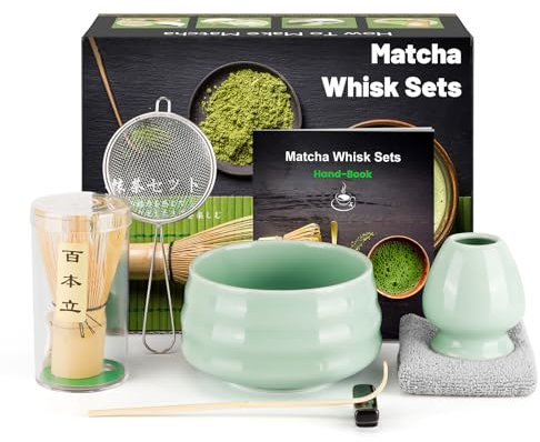 Kit de Ceremonia Japonesa del Matcha de 7 piezas, Batidora de Matcha de Bambú, Cuenco de Matcha, Cuchara, Colador, Portacucharas, Soporte para la Batidora, Juego Completo de Matcha, Verde claro