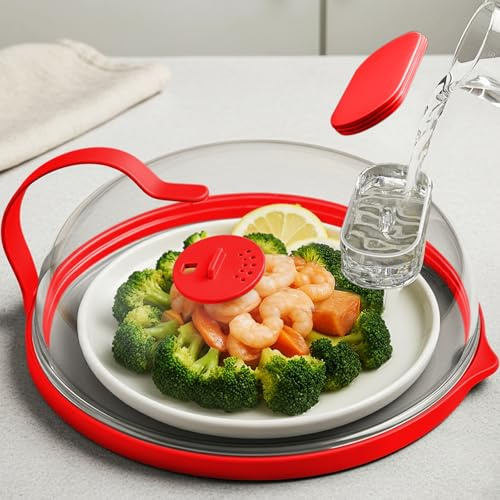 Microwave Splatter Cover with Water Steamer for Food - 10 Inch Steam Microwave Splatter Guard with Handle Splash Oven Lid with Built in Steamer Plate Covers for Heating Food - Red