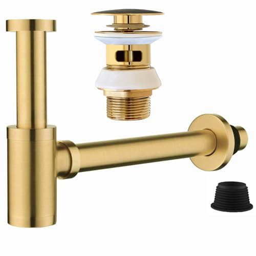 Sifone per lavello in oro spazzolato, universale, per lavabo e lavabo, moderna valvola a scatto a scatto – valvola di scarico con troppopieno, ottone, acciaio inox, oro (sifone + troppopieno)