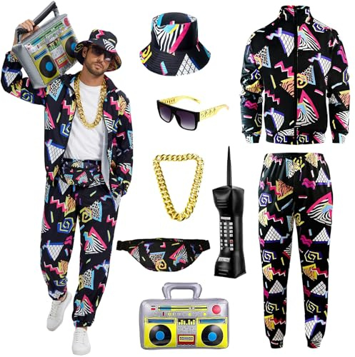 80er 90er Jahre Outfit Herren,Hip Hop Trainingsanzug Set mit Zubehör | Komplettes Retro‑Kostümset inklusive Goldkette und Sonnenbrille. Karneval, Events und jahresbezogene Themenpartys