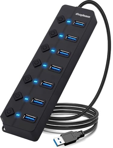 Shoplease Hub USB 3.0 de 7 puertos con interruptores de alimentación individuales y luces, divisor de datos de alta velocidad, concentrador de extensión USB portátil con cable de 1 m para PC, portátil