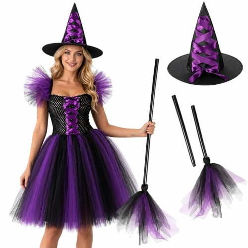 Moerstar Costume da Strega Bambina, Vestito Strega Halloween Bambina Set con Viola Cappello e Scopa Accessori Streghetta Vestiti Cosplay Bambini per Halloween Carnevale