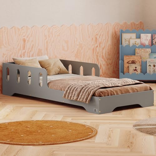 smartwood Kinderbett 90x200 cm mit Rausfallschutz, Holz, Grau, TILA 6 | Montessori Bodenbett, Lattenrost bis 230 kg, FSC-Zertifikat, abgerundete Kanten, Einfache Montage, ab 3 Jahren, 93x203x40 cm