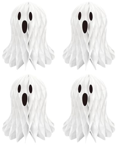 OIXYEY 4 Stück Halloween Deko Papierwaben-Geisteranhänger, Halloween Hängende Geister Deko 20Cm,Helloween Ghosts Geistergesicht Windsack, Halloween Deko Für Garten, Terrasse, Rasen, Partydekor
