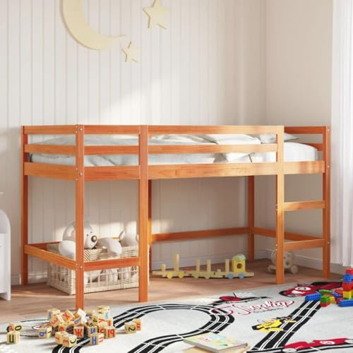 HaoChrymec Kinderhochbett mit Leiter aus Kiefernholz, Mit Rausfallschutz, Für Kinder ab 4 Jahren, hochbett kinders, etagenbett 2 Kinder, Wachsbraun, 90x200 cm