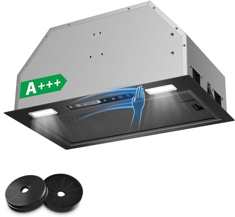 KICHPOWER Hotte Aspirante 52cm Encastrable, 750m³/h, Hotte Encastrée, Commande Gestuelle & Tactile, 3 Vitesses & Fonction Booster, Éclairage LED, Filtre Charbon et Conduit Inclus, Évacuation/Recyclage