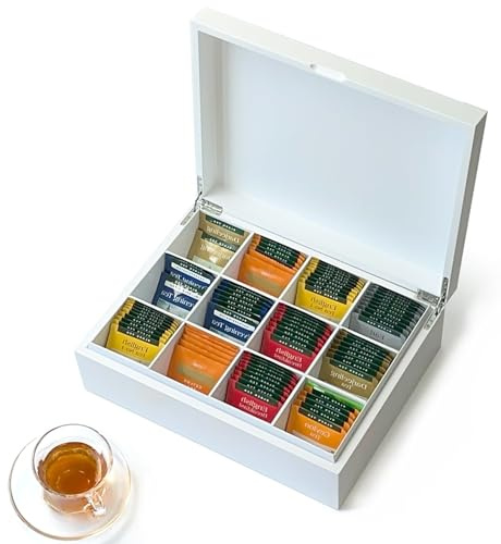 Slege Teebox aus Holz mit 12 Fächern,Handgemachte Weiße Tee Aufbewahrung,Teebeutelhalter im versiegelten Design,Teeboxen für Teebeutel,Teedose,Tee Aufbewahrungsbox,KaffeeBox,Teebeutel Organizer