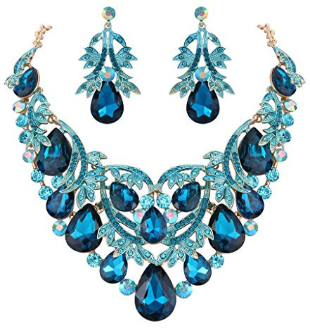 Clearine Schmuckset Party Braut Böhmisch Tropfen Kristall Blatt Aushöhlen Statement Halskette Dangle Ohrringe Set für Damen Türkis Farbe Gold-Ton