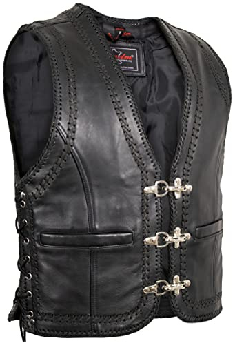 MDM Leather vest, double cords as border, black, XL