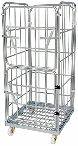 Rollbox mit 2 Seiten-, 1 Rück- und 1 abklappbare Vorderwand, Traglast 500 kg, BxTxH 720x810x1640 mm, Bodenplatte aus Stahl, verzinkt