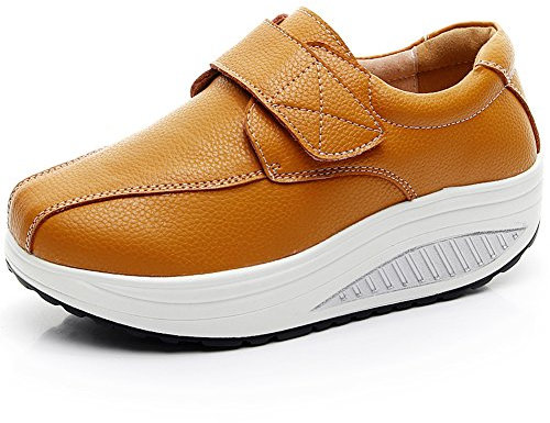 rismart Mujer Cuña Bucle Cómodo Linda Cuero Zapatillas Zapatos SN8787(Tan,EU39)