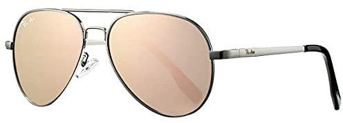 Pro Acme Small Sunglasses Small Face Polarized Pilot Sunglasses for Men and Women (Silver Frame | Pink Mirrored Lens)