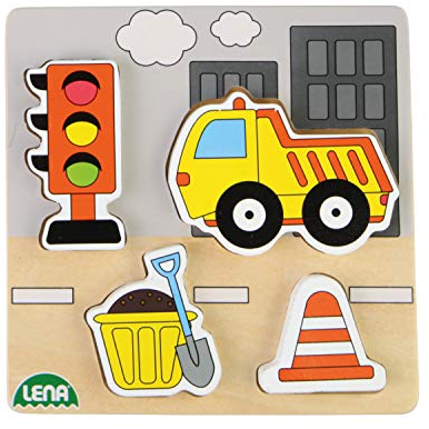 Lena 32163 - Holzpuzzle Baustelle mit Kipper, Puzzle aus FSC 100% Holz, Legespiel ca. 14 x 2,5 x 18 cm, Puzzlespiel für Kinder ab 18 Monate