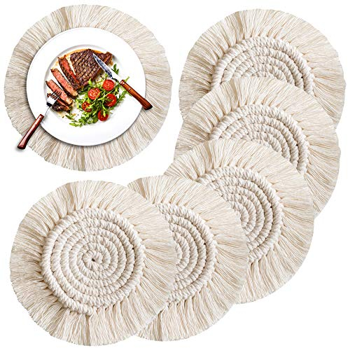 Hocaies Handgemachte Makramee Untersetzer für Getränke, Handgewebtes Tischset Bohemia Style rutschfeste Hitzebeständige Cup Matte fur Tassen, Vasen, Kerzen, Schlafzimmer Desktop-Dekoration (5 Stück)