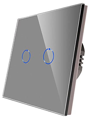CNBINGO Interrupteur Double, interrupteur tactile Gris, avec panneau de verre du système tactile et LED d'état, le conducteur neutre n'est pas requis, 2 voies 1 pôle, AC 240 V, 500 W/voies